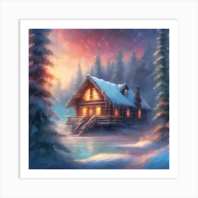 Snow Covered Cabin in the Forest Art Print