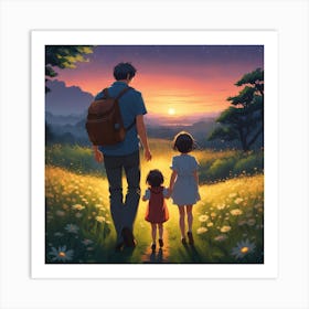 Illustration Style Hayao Miyazaki Young Father Holding Young Daughter Back Figure Walking On The(2) Art Print