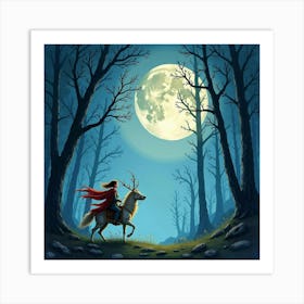 Artemis Hunting In A Moonlit, Enchanted Forest Watercolor 1 Art Print