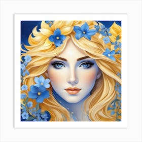 Blue Flowers on blonde girls head, glow, blue eyes, beautiful  Art Print