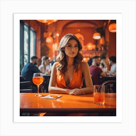 Beautiful Woman In Orange Dress In A Restaurant Art Print