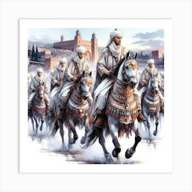 Moroccan Riders Of Old Dynasty On Decorated Horses Color Drawing 1 Art Print