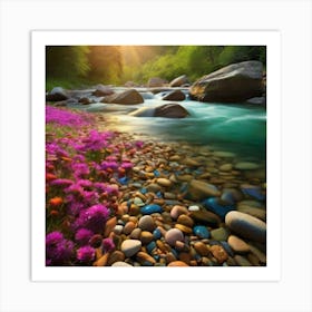 Rocky Stream With Flowers Art Print