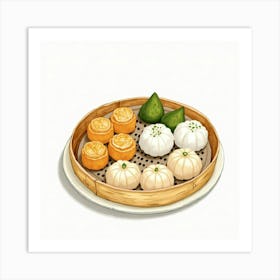 A Charming Watercolor Painting Of A Platter Of Assorted Dim Sum Art Print