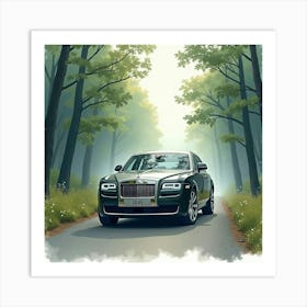 Luxury Vehicle In A Misty Forest, Watercolor Painting 1 Art Print