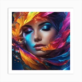 Beautiful Woman With Colorful Feathers Art Print