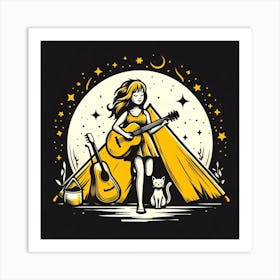 Girl With Guitar And Cat Art Print