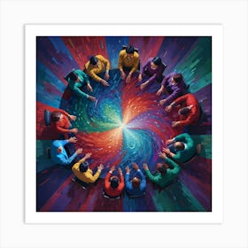 Diverse People Around A Table With Colorful Galaxy, Unity Concept Art Print