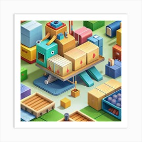 Colorful Cartoon Industrial Machinery With Boxes And Packages Art Print