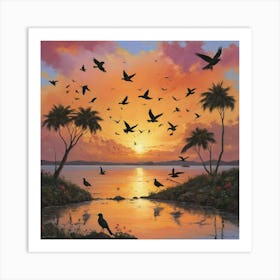 Sunset With Birds Art Print 3 Art Print