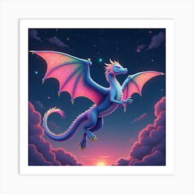 A Mythical Dragon With Scales Of Shimmering, Neon Colors Soaring Through A Celestial Sky Art Print