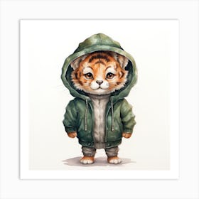 Watercolour Cartoon Tiger In A Hoodie 1 Art Print