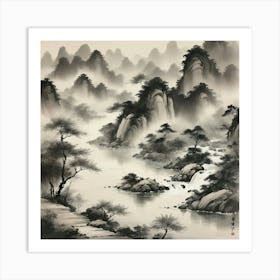 A traditional Chinese ink painting of a river, with delicate brushstrokes and a monochromatic color scheme, capturing the essence of nature and the flow of life. 3 Art Print