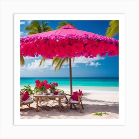 Flowers Umbrella On The Beach Art Print