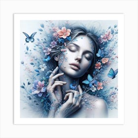 Woman With Blue Flowers And Butterflies Art Print