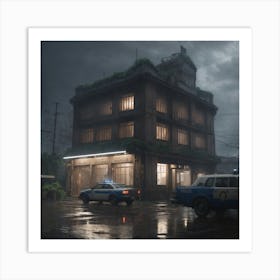 a highly detailed matte painting of a post apocalyptic police station in lightning storm and heavy rain, by studio ghibli, makoto shinkai, by artgerm, by wlop, by greg rutkowski, volumetric lighting, octane render, 4 k resolution, trending on artstation, masterpiece Art Print