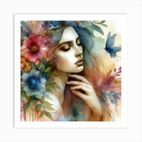 Watercolor Of A Woman With Flowers Art Print