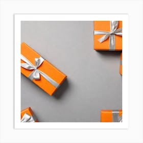 Orange Gift Box On A Plain Silver Background Art Print