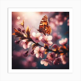 Butterfly On Cherry Blossoms Art Print