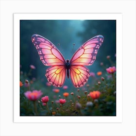 A Dreamy Butterfly With Wings Of Cascading, Neon Ribbons Fluttering Through A Magical Meadow 1 Art Print