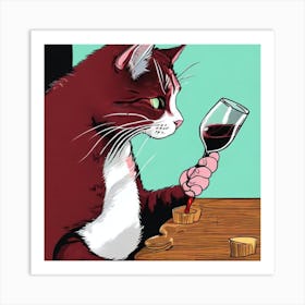Wine For One Cat Drinking Wine Art Print 1 Art Print
