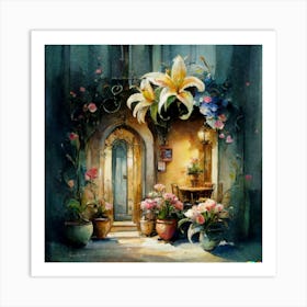 Quiet and attractive dining nook, overgrown flowers, high quality, detailed, highly 3D, elegant carved cart, Art Print