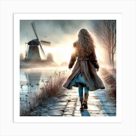 Girl Walking By Windmill Art Print