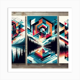 Geometric Nature Art: This artwork is inspired by the beauty and harmony of nature and geometry. The artwork uses simple shapes and patterns to create a complex and elegant composition of different natural elements, such as mountains, trees, rivers, and stars. The artwork also has a contrast between warm and cool colors, creating a balance and a dynamic effect. This artwork is ideal for anyone who appreciates nature and art, and it can be placed in a study, office, or library. Art Print