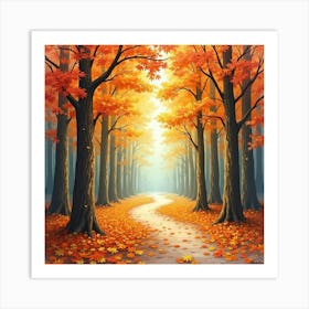 Autumn Walk Through Ancient Woodlands, Watercolor With Colorful Leaves 1 Art Print