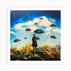 Anywhere but here Oil painting by Liubov Kuptsova surrealistic man umbrellas flight Art Print