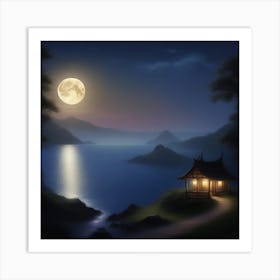 Asian House At Night Art Print