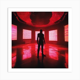 The Image Depicts A Person Standing In A Dark, Futuristic Room With A Large Red Light Emanating From The Center 2 Art Print