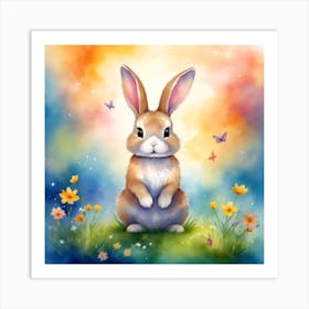  A Sweet Bunny Sitting In A Vibrant Meadow Art Print