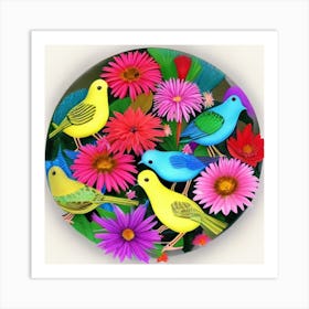 Colorful Birds And Flowers Art Print