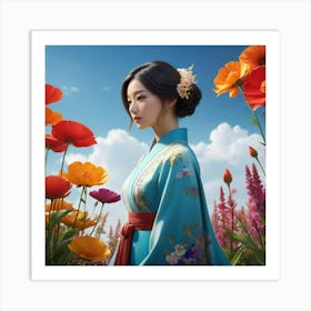 Asian Woman In Flowers Art Print