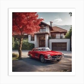 A Red Luxury Car Is Driving In A Rural Town Between Trees On A Street In Front Of A Luxurious Rural Villa Art Print
