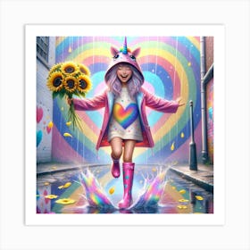 happy young girl, colorful rainbows and sunflowers 1 Art Print