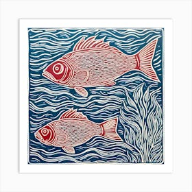 Two Fish In The Sea Linocut Art Print