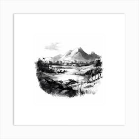 Tranquil River And Mountain Sketch 1 Art Print