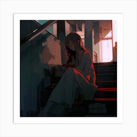 Anime Girl Sitting On Stairs Art Print