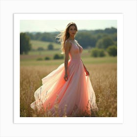 Beautiful Woman In Watercolor Gown, Serene Countryside Setting 1 Art Print