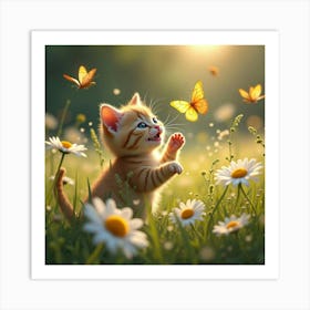 A Curious Kitten Playing With Glowing Butterflies In A Meadow Filled With Oversized Daisies Art Print