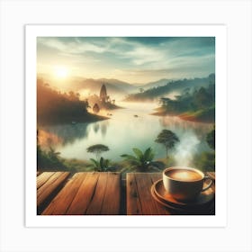 Morning Coffee By The Lake Wall Print Art A Tranquil And Picturesque Scene Perfect For Adding A Sense Of Peace And Relaxation To Any Coffee Lover S Space Art Print