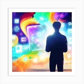 Man Looking At A Computer Screen Future Of Mobile Applications Development In Colorful Dreaming Life Art Print