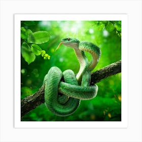 Baby Snake Exhibits Surprise Twisted Around A Gnarled Tree Branch Capturing The Essence Of Playful Art Print