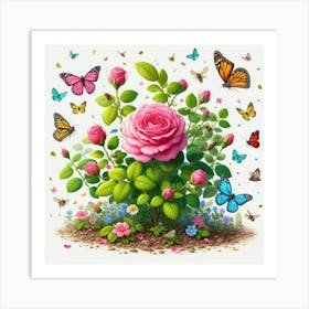 Roses And Butterflies 1 Art Print