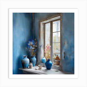 Blue wall. Open window. From inside an old-style room. Silver in the middle. There are several small pottery jars next to the window. There are flowers in the jars Spring oil colors. Wall painting.41 Art Print