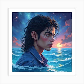 Watercolor Scene Of Michael Jackson With A Cosmic Sea 1 Art Print