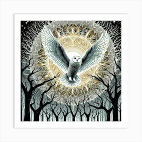 Silkscreen Art: Metaphysical Painting of White Owl in Oliver Vernon Style, Glowing Owls by Hugo Pratt, Printing Techniques by Alison Kinnaird, Sylvia Wishart, and Malcolm Morley Art Print