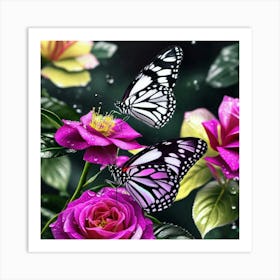 Butterfly And Roses 2 Art Print